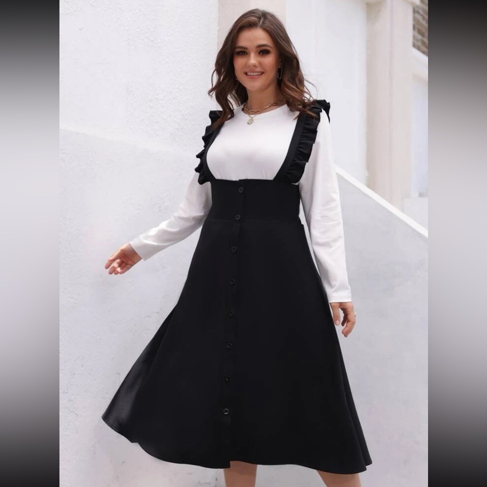 Plus Shein Button Down Ruffle Overall Dress